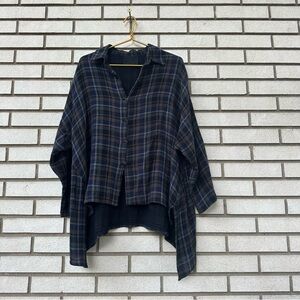Blanque Plaid Asymmetrical Button Front Tunic Top Navy Gray Brown Gauze Small 0